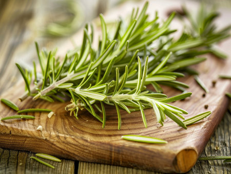 Fresh rosemary sprigs on wooden boardの素材