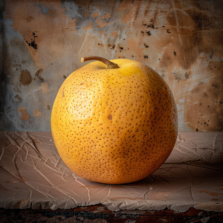 Closeup of a large yellow pear on a rustic backgroundの素材