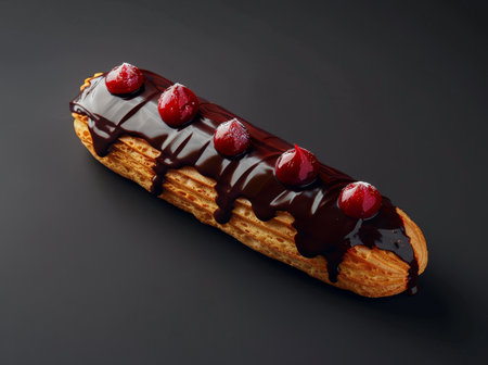 Delicious chocolate-covered pastry with cherriesの素材