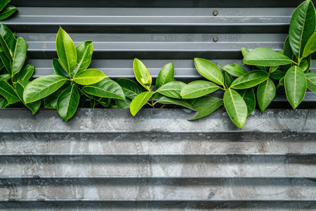 Lush green leaves against a weathered wooden backgroundの素材