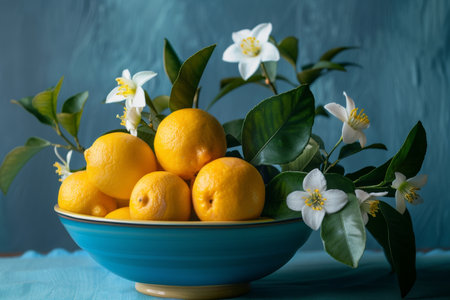 fresh citrus fruit and white flowers in a blue bowlの素材