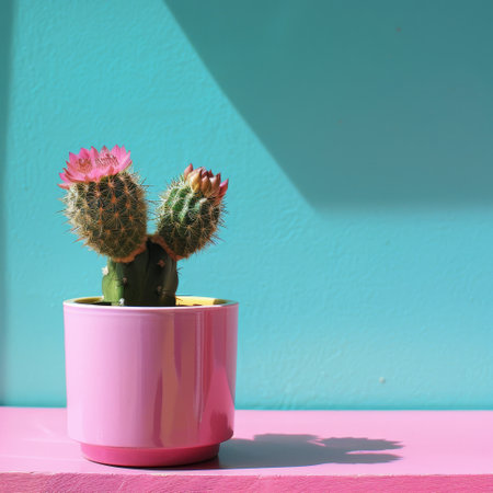 Colorful cactus plant in pink pot on vibrant backgroundの素材