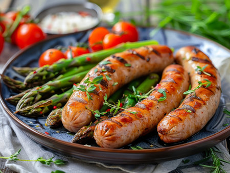 Grilled sausages and vegetables on a plateの素材