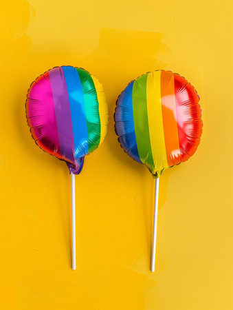 Colorful party balloons on yellow backgroundの素材