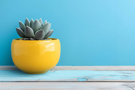 Succulent plant in yellow ceramic pot on wooden tableの素材
