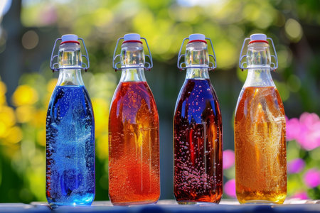 Colorful glass bottles with vibrant liquidsの素材