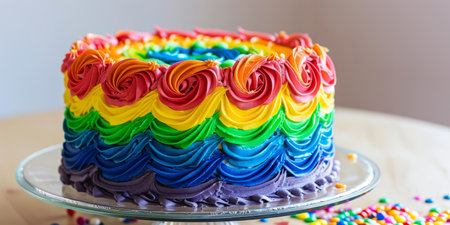 Vibrant rainbow cake with rose decorationsの素材