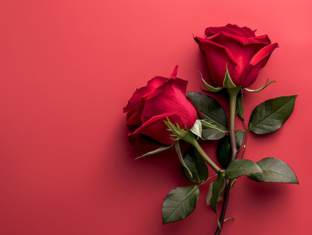 Beautiful red roses on a vibrant red backgroundの素材