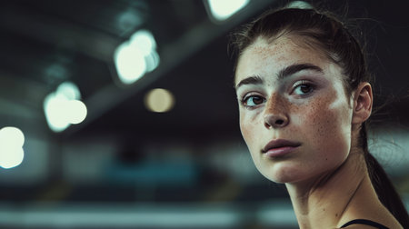 Thoughtful young woman with frecklesの素材