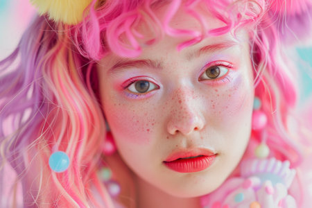 Whimsical portrait of a young person with vibrant pink hairの素材