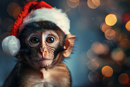 Cute Christmas monkey with santa hatの素材