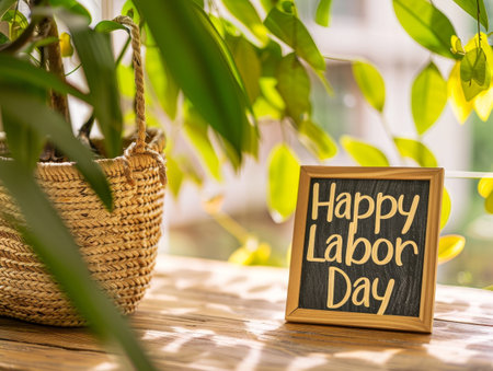 happy labor day celebration with woven basket and chalkboard signの素材
