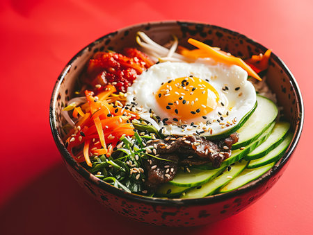 Delicious Korean bibimbap bowl with fried eggの素材