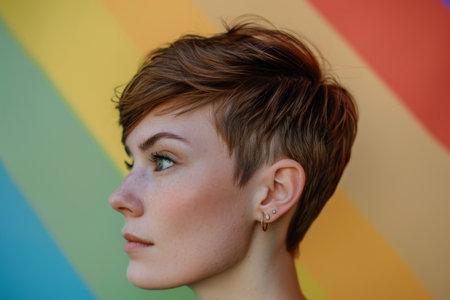 close-up portrait of a young woman with short brown hairの素材