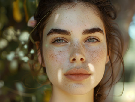 Closeup portrait of a woman with freckles and natural makeupの素材
