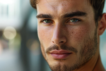 Closeup portrait of a pensive young man with green eyesの素材