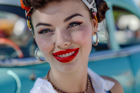 Smiling woman with retro style makeup and hairstyleの素材