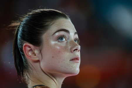 close-up portrait of a young woman with striking blue eyesの素材