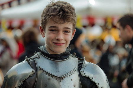 Smiling young man in medieval knight costumeの素材
