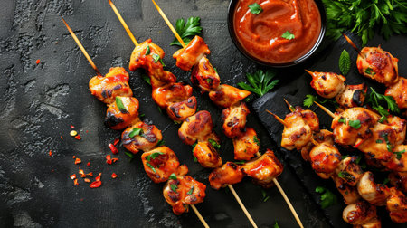 Delicious grilled chicken skewers with spicy sauceの素材