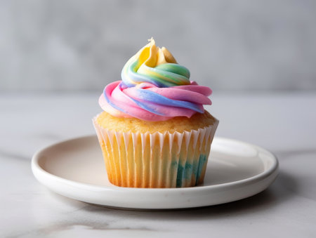 colorful swirled cupcake on white plateの素材