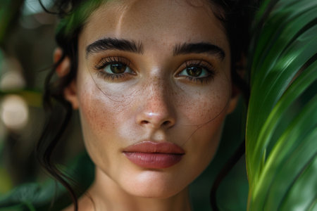 Captivating portrait of a young woman with striking eyes and natural beautyの素材