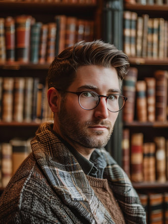 man with glasses and beard in a libraryの素材