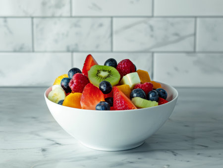 Colorful fresh fruit salad in a white bowlの素材