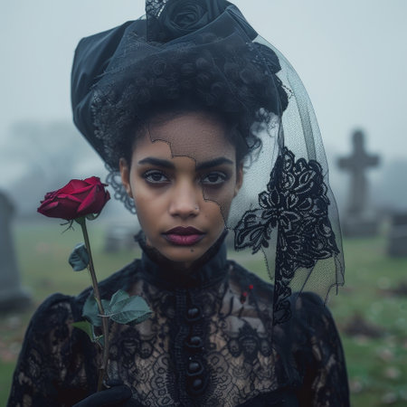Mysterious woman in black lace veil holding red roseの素材