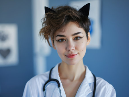 young female doctor in white coat with stethoscopeの素材