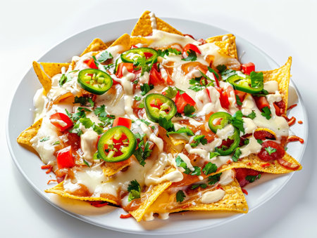 Delicious nachos with melted cheese, jalapeÃ±os, and fresh cilantroの素材