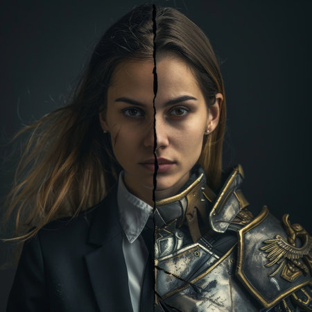 Mysterious woman in dark attire with armored accentsの素材