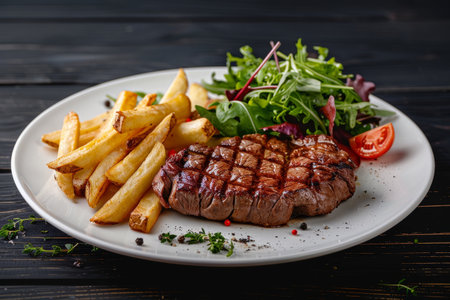 Delicious grilled steak with french fries and fresh saladの素材