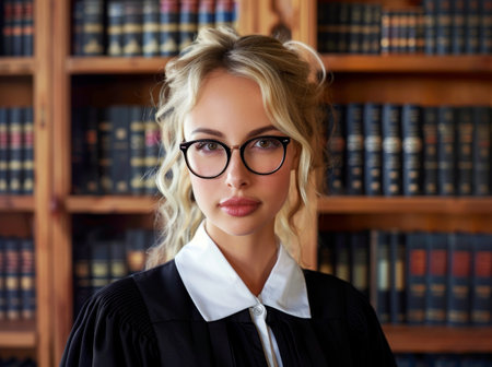 Confident young woman in law libraryの素材