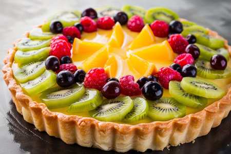 Delicious fruit tart with kiwi, orange, and berriesの素材