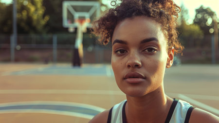 Confident young woman on basketball courtの素材