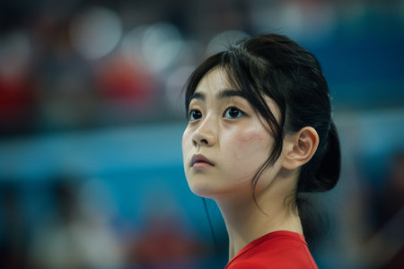 thoughtful young asian woman in red shirtの素材