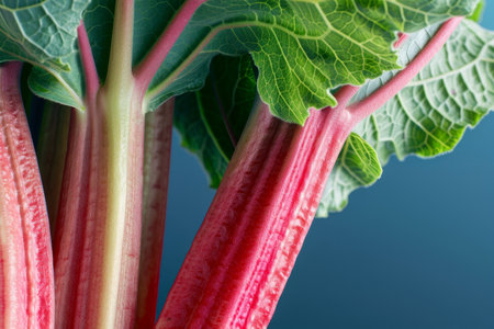 Close-up of vibrant rhubarb stalks with green leavesの素材