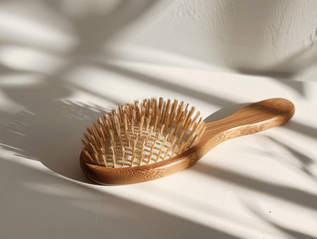 Wooden hairbrush on white fabricの素材