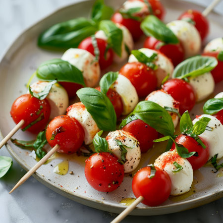 fresh caprese salad skewers with tomatoes, mozzarella, and basilの素材