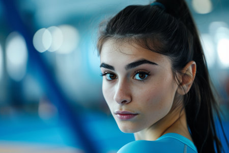 Pensive young woman with blue eyes and dark hairの素材