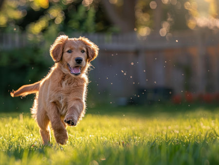Playful golden retriever puppy running through a fieldの素材