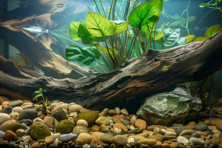 Underwater nature scene with lush greenery and pebblesの素材