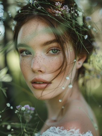 beautiful woman with flowers in her hairの素材