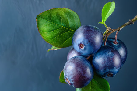 Fresh ripe plums on branch with green leavesの素材