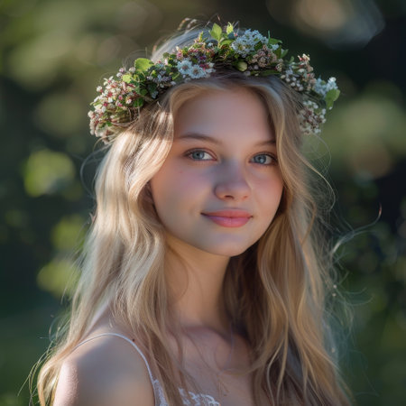 Captivating portrait of a young woman in a flower crownの素材
