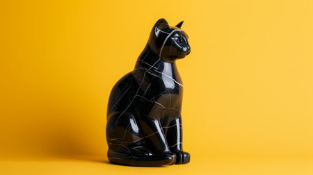 black ceramic cat figurine on yellow backgroundの素材