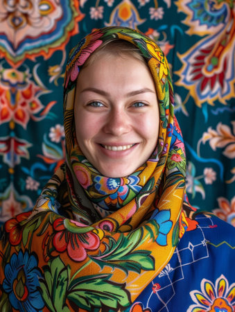 colorful portrait of a smiling woman in a floral headscarfの素材