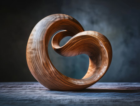 Wooden heart-shaped sculpture on a dark backgroundの素材