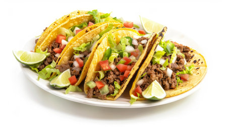 Delicious Mexican tacos with ground beef, lettuce, tomatoes, and lime wedgesの素材